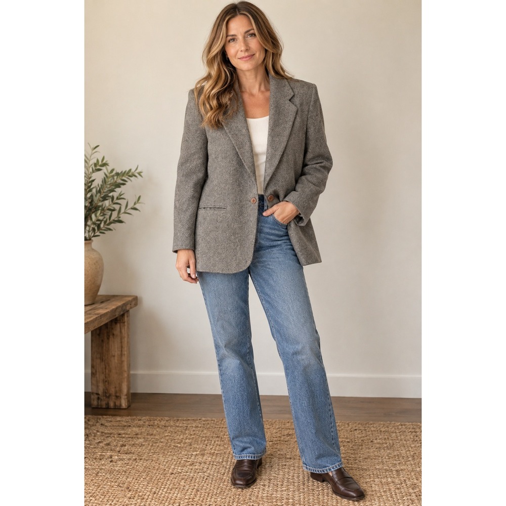 LL Bean Vintage 90's Grey Wool Cashmere Blazer Jacket Made in USA 10R academia